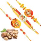Three Floral Mauli Rakhi Set with Walnuts Dryfruit Hamper
