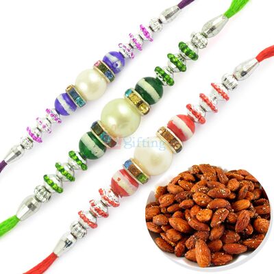 Roasted Almonds with Triple Pearl Beautiful Rakhi Hamper