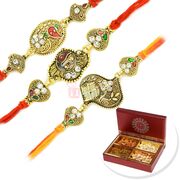 Triple Antique Look Beautiful Rakhi with Four Type Dryfruits Box