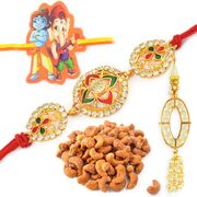 Meena Diamond Pair and Kids Rakhi with Roasted Cashew Hamper