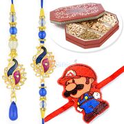 Six Type Dryfruits with Mario Kids and Peacock Pair Rakhi Set