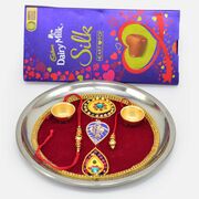 Silk Heart Pop Chocolate with Maroon Base Sacred Rakhi Puja Thali and Rakhis