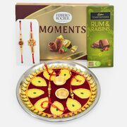Amazing Designer Rakhis with Chocolates and Maroon Base Rakhi Puja Thali