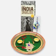 Green Base Gota Studded Sacred Puja Thali with Rakhis and Amul Twilight Tryst