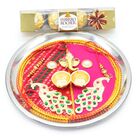 Auspicious Amazing Looking Pooja Thali with Bhaiya Bhabhi Rakhis and Tasty 4 Pc Ferrero Rocher Chocolate