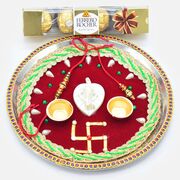Swastika Puja Thali with Rakhis and Ferrero Rocher 4 Pc Chocolates