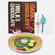 Amul Milk and Dark Chocolates with Fancy Rakhis and Sacred Puja Ganesha Thali
