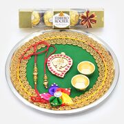 Ferrero Rocher 4 Pc Chocolate with Designer Rakhis and Puja Thali