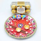 Ferrero Rocher Delicious 16 Pc Chocolate with Family Rakhis Set and Designer Puja Thali