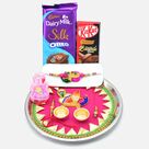 Peacock Designer Pink Base Puja Thali with Silk Oreo and Kikat Chocolates and Amazing Rakhis