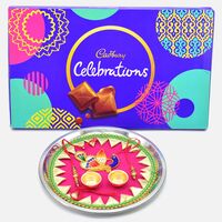 Cadbury Celebration Pack of Chocolates with Peacock Designer Amazing Puja Thali and Rakhis