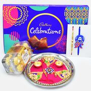 Ferrero Rocher and Cadbury Dairy Milk Celebration Chocolate with Rakhis and Puja Thali
