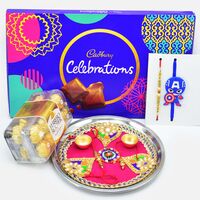 Ferrero Rocher and Cadbury Dairy Milk Celebration Chocolate with Rakhis and Puja Thali