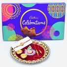 Cadbury Celebration Pack of Chocolates with Maroon Color Base Design Puja Thali and Rakhis