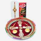 Rich Looking Auspicious Puja Thali with Stunning Looking Rakhis and Kitkat Brownie Chocolate
