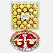 Ferrero Rocher 24 Pc Chocolate with Om Design Divine Maroon Base Rakhi Thali