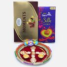 Ferrero Rocher Moments and Silk Heart Pop Chocolates with Family Rakhi Set and Designer Om Puja Thali
