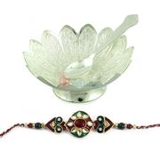 Beautiful Kundan Meena Rakhi with Silver Plated Bowl n Spoon