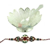 Beautiful Kundan Meena Rakhi with Silver Plated Bowl n Spoon