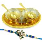 Blue Meena Work Rakhi n Golden Plate Bowl Set