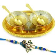 Blue Meena Work Rakhi n Golden Plate Bowl Set