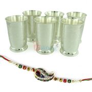 Meena Diamond Rakhi for Brother with 6 Silver Glass Designer Set
