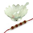 Lotus Designer Silver Bowl with Rudraksh and Diamond Designer Rakhi