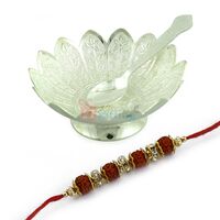 Lotus Designer Silver Bowl with Rudraksh and Diamond Designer Rakhi