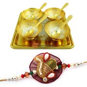 Brass Designer Bowl Set of 4 with Tray n Spoons Set and Jaipur Designer Rakhi