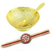 Golden Plated Royal Brass Bowl with Fancy Beaded Rakhi Bracelet Hamper