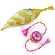 Lacquer and Glass Work Designer Rakhi with Leafy Designer Golden Service Gift
