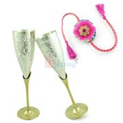 2 Goblet Wine Glass Set Hamper with Exclusive Jaipur Designer Rakhi