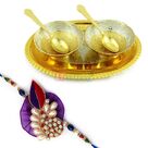 Bowl Pair with Oval Shaped Tray Gift Hamper with Exclusive Designer Rakhi