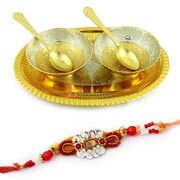 Oval Tray Bowl and Spoons of Brass Gift Hamper with Fancy Looking Rakhi