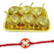 13 Pcs Serving Brass Golden Tray Set with Amazing Pearl Rakhi in Mauli