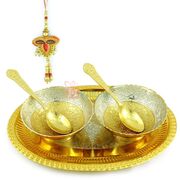 Bhabhi Rakhi Gift Hamper with Sandalwood Lumba and Brass Serving Tray Set