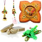Paper Mache Pooja Kaju Katli Zardosi Bhaiya Bhabhi Rakhi with Kids Whistle Rakhi