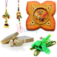 Paper Mache Pooja Kaju Katli Zardosi Bhaiya Bhabhi Rakhi with Kids Whistle Rakhi
