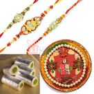 Pearl Paper Mache Thali Kaju Roll Three Brother Rakhis Hamper