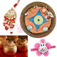 Pearl Based Simple Rakhi Thali Kaju Kalash Lumba Rakhi with Kids Rakhi