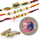 Kundan Gota Rakhi Pooja Thali Kaju Katli with Rakhis Hamper