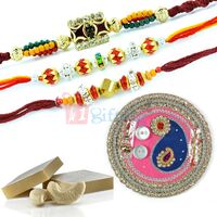 Kundan Gota Rakhi Pooja Thali Kaju Katli with Rakhis Hamper