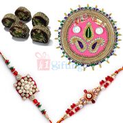 Jhalar Kundan Rakhi Pooja Thali Anjeer King Sweets with Rakhis