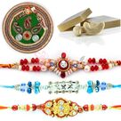 Kundan Rakhi Pooja Thali Kaju Katli Beautiful Three Rakhis for Brothers