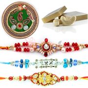 Kundan Rakhi Pooja Thali Kaju Katli Beautiful Three Rakhis for Brothers