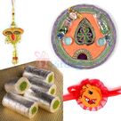 Simply Kundan Rakhi Pooja Thali Kaju Rolls Lumba Rakhi and Kids Rakhi