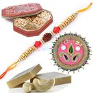 Combo Gift on Rakhi with Rakhi Pooja Thali Sweets Dry Fruit Box and Rakhi