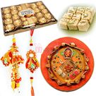 Excellent Combo Gift Set with Rakhi Pooja Thali Sweets Chocolate and Rakhi Set