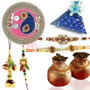 Wonderful Gift with Rakhi Pooja Thali Chocolate Sweets and Rakhis for Family