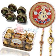 Great Combination of Gift on Rakhi with Pooja Thali Chocolate Sweets and Rakhis